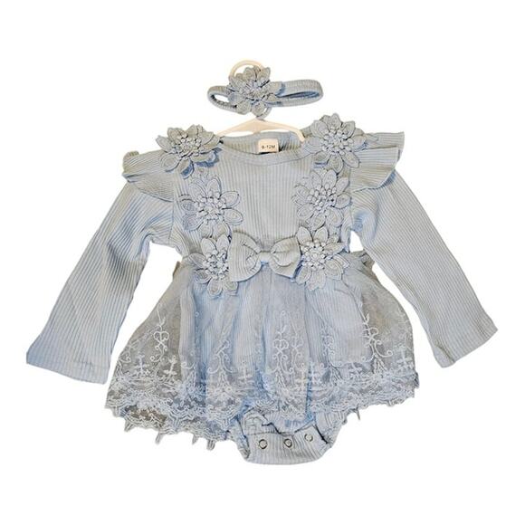 Light Blue Floral Lace Bodysuit & Headband Set, 9-12 Months (NWOT) - Picture 1 of 4